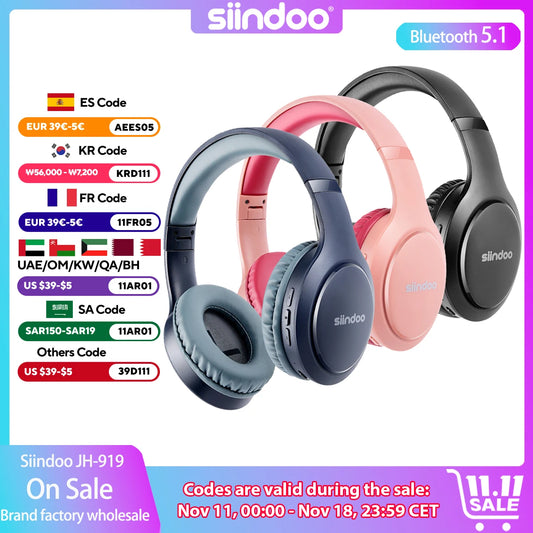 Siindoo Wireless Bluetooth Headphones 3 Colors Foldable Stereo Earphones Super Bass Noise Canceling Mic Headset JH-919 For TV PC