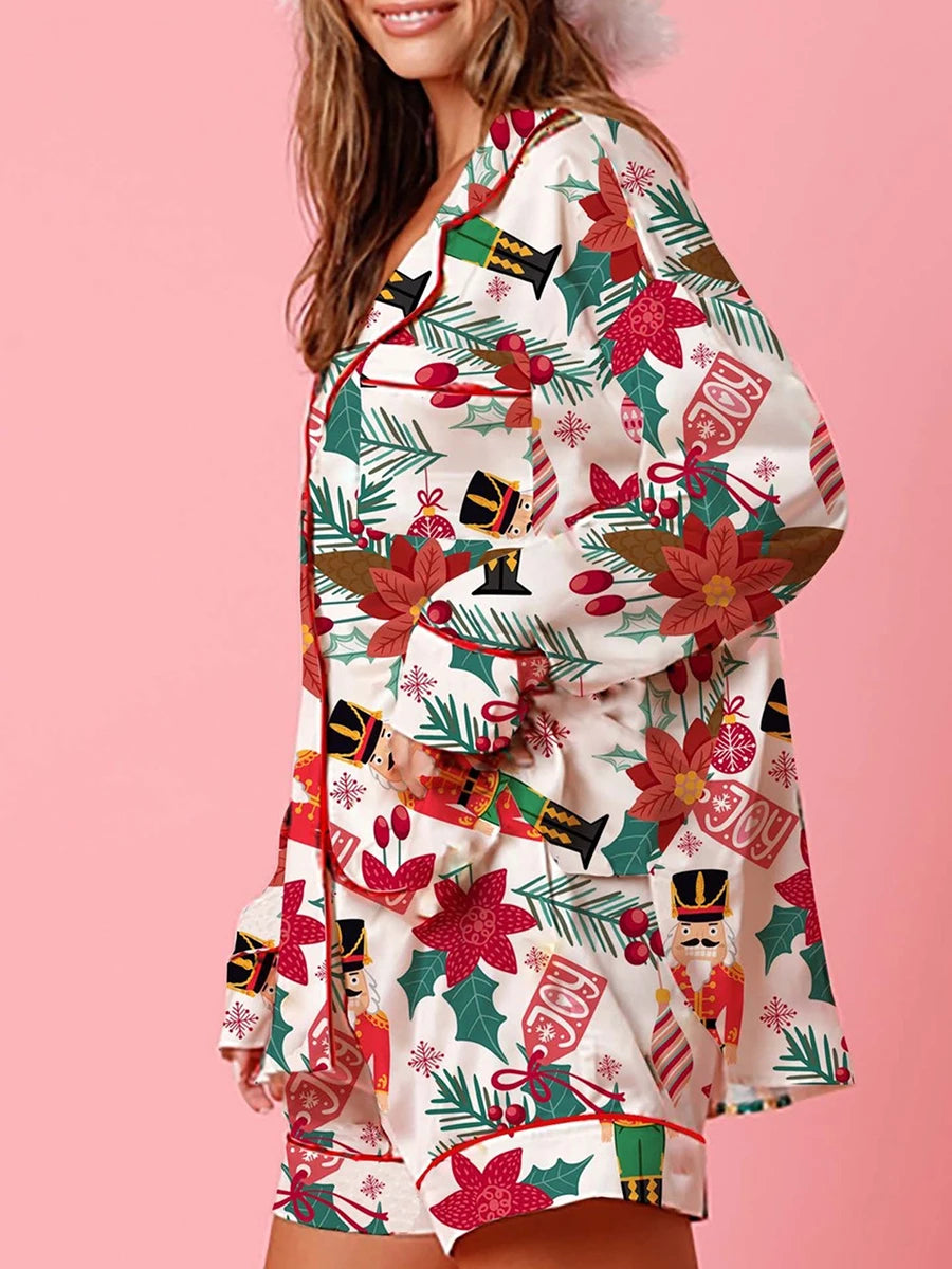 Women s 2 Piece Lounge Set Cozy Reindeer Christmas Tree Print Top and Bottom Pajama Set for Winter Nights