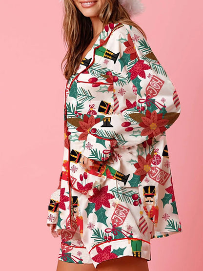 Women s 2 Piece Lounge Set Cozy Reindeer Christmas Tree Print Top and Bottom Pajama Set for Winter Nights