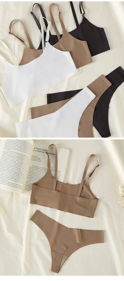 Hot Sale High Quality Latest Design Us Size Stylish Solid Ice Silk Seamless Wireless Bras And Women Underwear Set