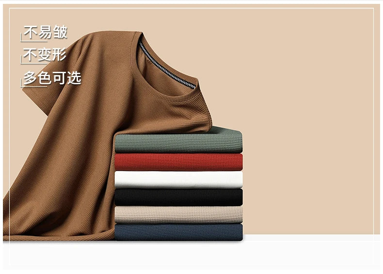 Men's New Summer Waffle round Neck Short Sleeve T-Shirt Comfortable Breathable Short-Sleeved Top for Casual Wear