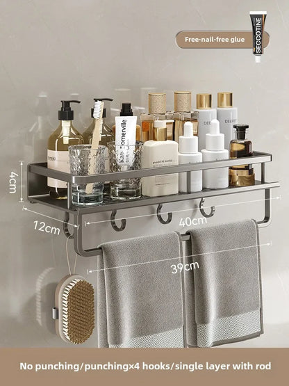 Bathroom storage rack, non perforated washbasin, hand washing and shower area, shower gel wall storage rack