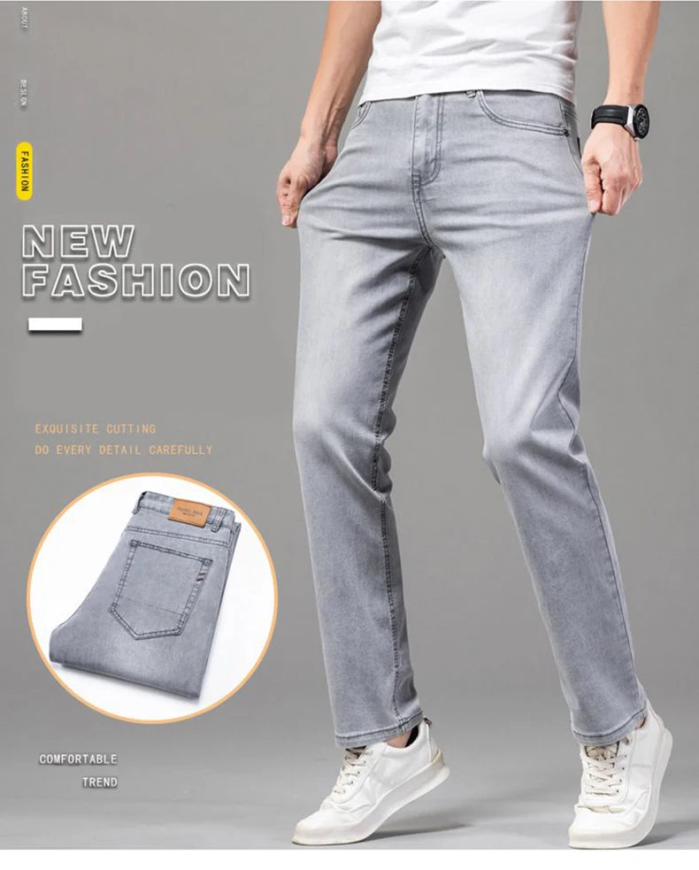 Summer Elastic Men's Jeans Fashion Gray Comfortable Business Straight Stretch Cotton Casual Denim Pants Brand Male Thin Trousers
