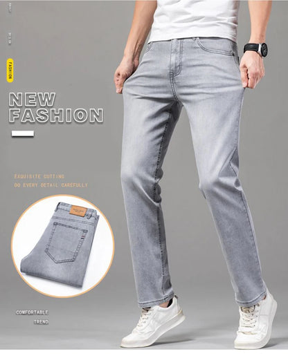 Summer Elastic Men's Jeans Fashion Gray Comfortable Business Straight Stretch Cotton Casual Denim Pants Brand Male Thin Trousers