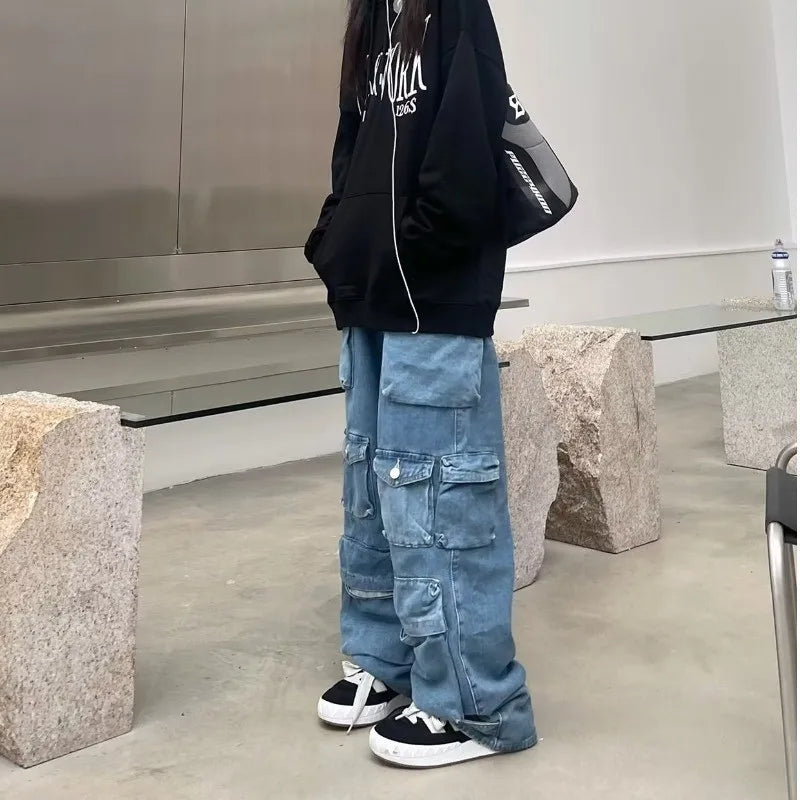 Trendy Women's Denim Workwear | Street Style Black & Grey Multi-Pocket Jeans | American Casual High-Waist Functional Design