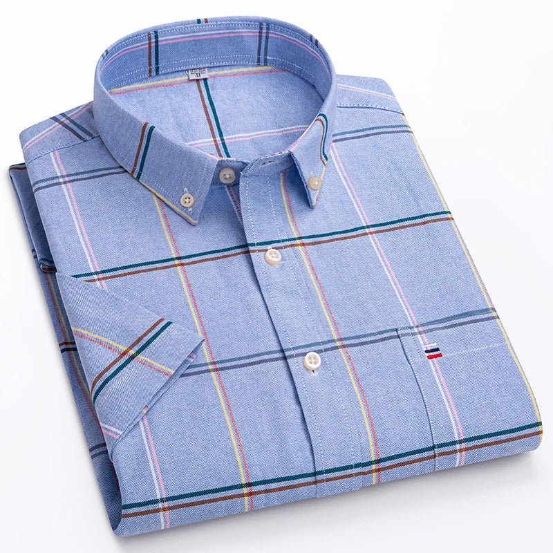 100% Pure Cotton Oxford Shirt For Men’s Short Sleeve Solid Stripe Leisure Embroidered Horse Social Business Formal Dress Shirts