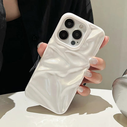 Pearl White Folds Texture Case For iPhone 16 13 14 11 12 Pro Max 15 Plus Stylish Glossy Soft TPU Phone Back Cover