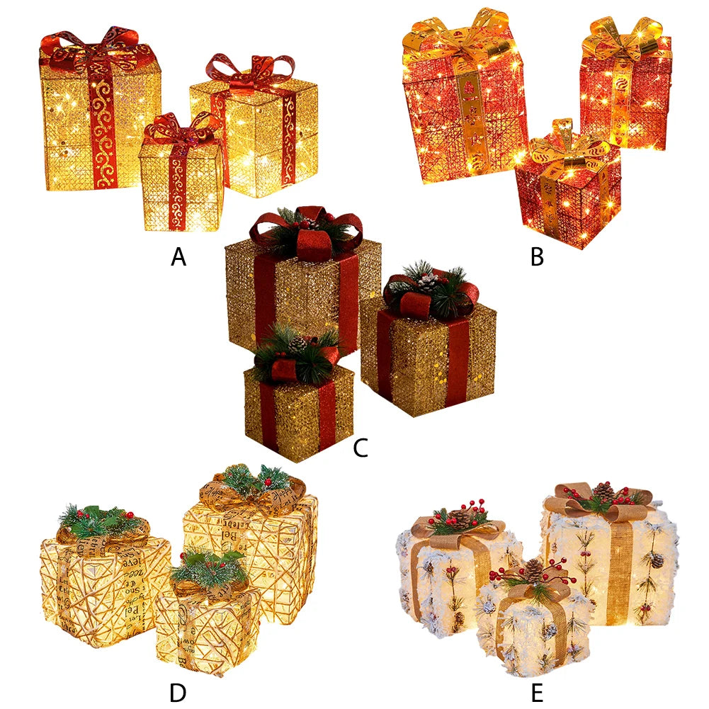 Christmas Foldable Lighted Metal Boxes 25/20/15CM Set of 3 Battery Operated for Outdoor Indoor Christmas Tree/Yard/Home Decor