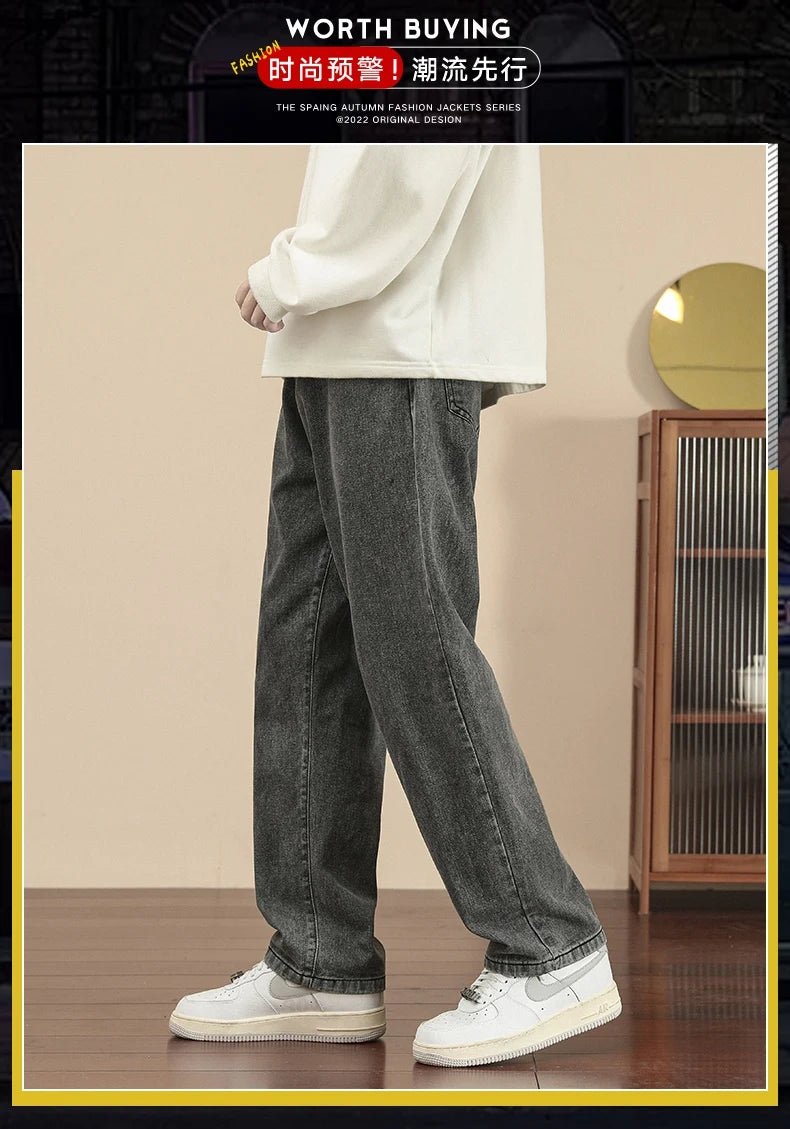 2023 New Korean Fashion Men's Casual Ankle-Length Jeans Classic Man Straight Denim Wide-leg Pants Light Blue Grey Black 3XL