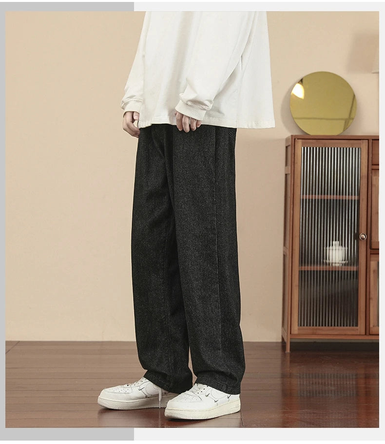 2023 New Korean Fashion Men's Casual Ankle-Length Jeans Classic Man Straight Denim Wide-leg Pants Light Blue Grey Black 3XL