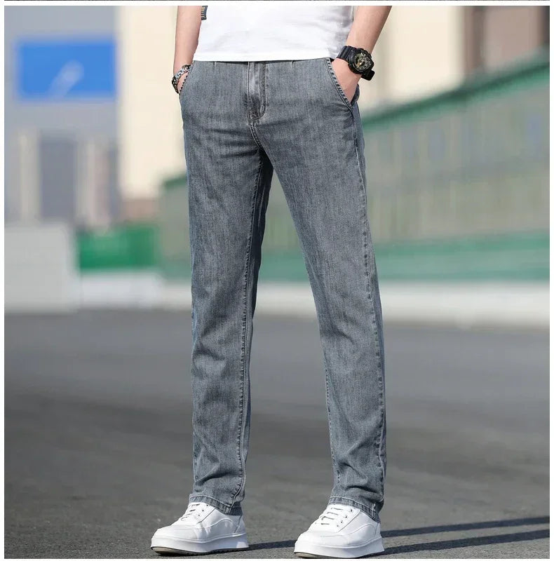 KUBRO 2024 Summer New Men's Loose Stretch Gray Jeans Fashion Casual Stretch Straight-leg Denim Pants Male Light Blue Brand