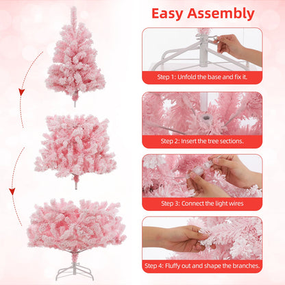 6Ft Pink Pre-lit Christmas Tree, Snow Flocked Artificial Xmas Tree with 250 Multi Color LED Lights 751 Branch Tips and Foldable