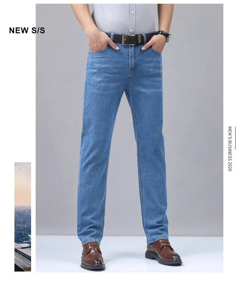 2025 Four Seasons New Men's Denim Business Pants High Quality Good Fabric Comfortable Slimming Straight leg Jeans Light Blue