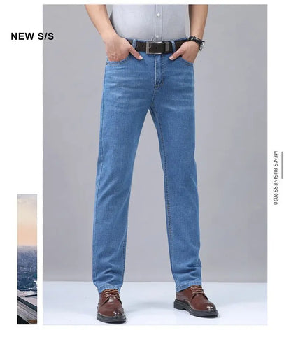 2025 Four Seasons New Men's Denim Business Pants High Quality Good Fabric Comfortable Slimming Straight leg Jeans Light Blue