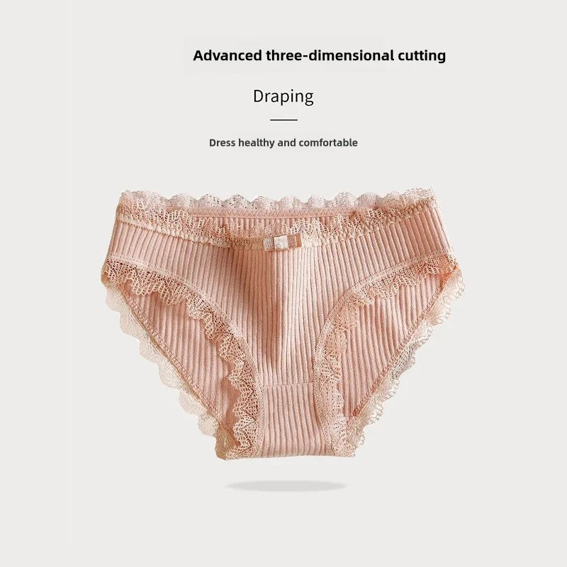 4 Pcs Lace Wavy Trim Bikini Panties, Comfy & Breathable Elastic Intimates Panties, Women's Lingerie & Underwear