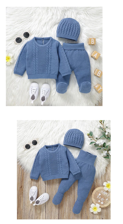 Kids Clothes Set 0-9M Autumn Winter Blue Casual Outerwear Newborn Infant Boys Long Sleeve Sweaters Pullovers+Pants Toddler Suits