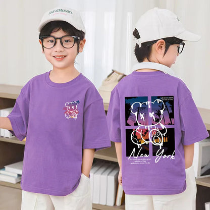 Korean Children's Clothes 2025 Summer Tops Art New York City Graphic T Shirts Cotton Baby Boys Short Sleeves Shirt Kids Clothes