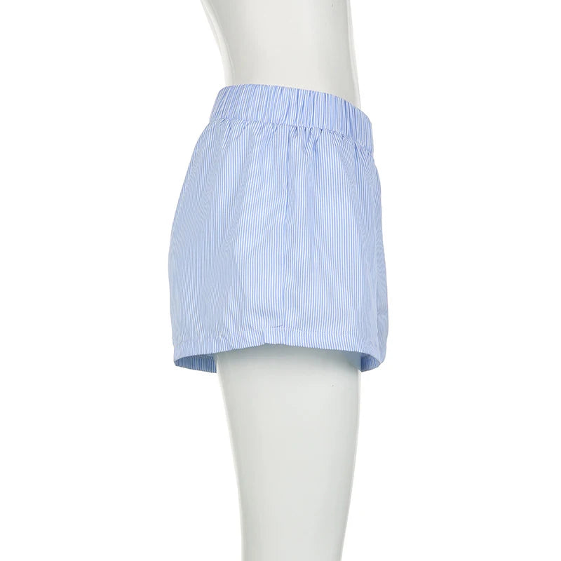 Women's Striped Print Casual Elastic Waist Shorts Y2K Loose Fit Summer Streetwear Chic Basic Fashion Button Detail