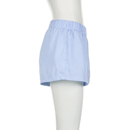 Women's Striped Print Casual Elastic Waist Shorts Y2K Loose Fit Summer Streetwear Chic Basic Fashion Button Detail