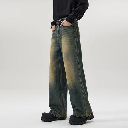 Vintage Distressed Men's Baggy Straight Jeans Spring Autumn Korean High Street Moustache Effect Denim Pants Streetwear Trousers