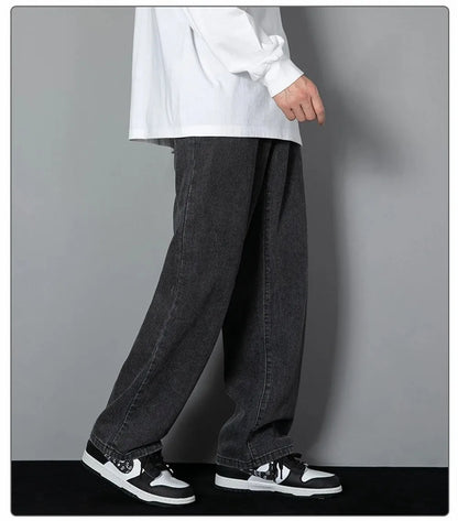 Korean Solid Colors Men's Casual Long Jeans Classic Man Four Seasons Straight Denim Wide-leg Pants Light Blue Grey Black 3XL