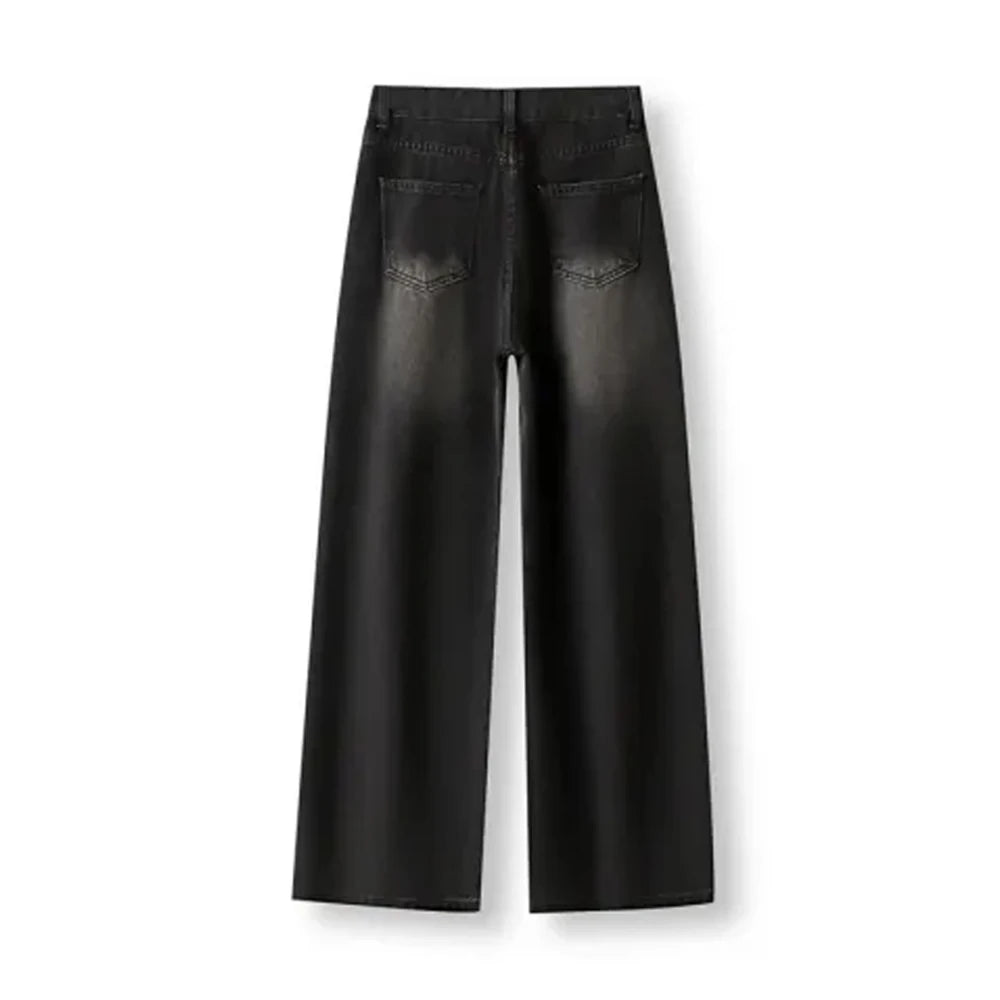 Korean Vintage High Waist Women's Jeans Y2K Slimming Pear-Shaped Loose Straight Bell Bottoms Black Gray Baggy Denim Trousers
