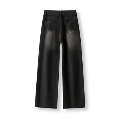 Korean Vintage High Waist Women's Jeans Y2K Slimming Pear-Shaped Loose Straight Bell Bottoms Black Gray Baggy Denim Trousers