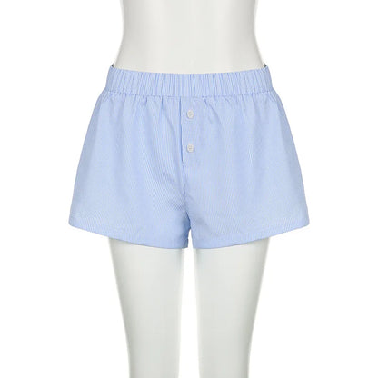 Striped Print Casual Shorts for Women Elastic Waist Fashion Button Bottoms Streetwear Chic Basic Y2K Loose Shorts