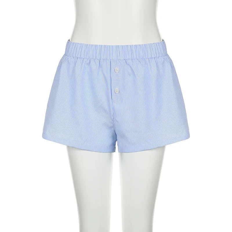Women's Striped Print Casual Elastic Waist Shorts Y2K Loose Fit Summer Streetwear Chic Basic Fashion Button Detail