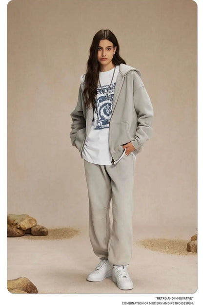 IEFB Men's Wear Wax Printing Vintage Male Hoodies Oversized Loose Zipper Water Washed Plush Sweatshirt Trendy New 9C9349