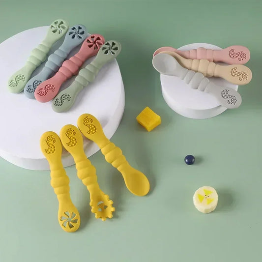 3PCS Baby Silicone Feeding Utensils – Fun & Soft Spoon Fork Set for Toddlers Learning to Eat