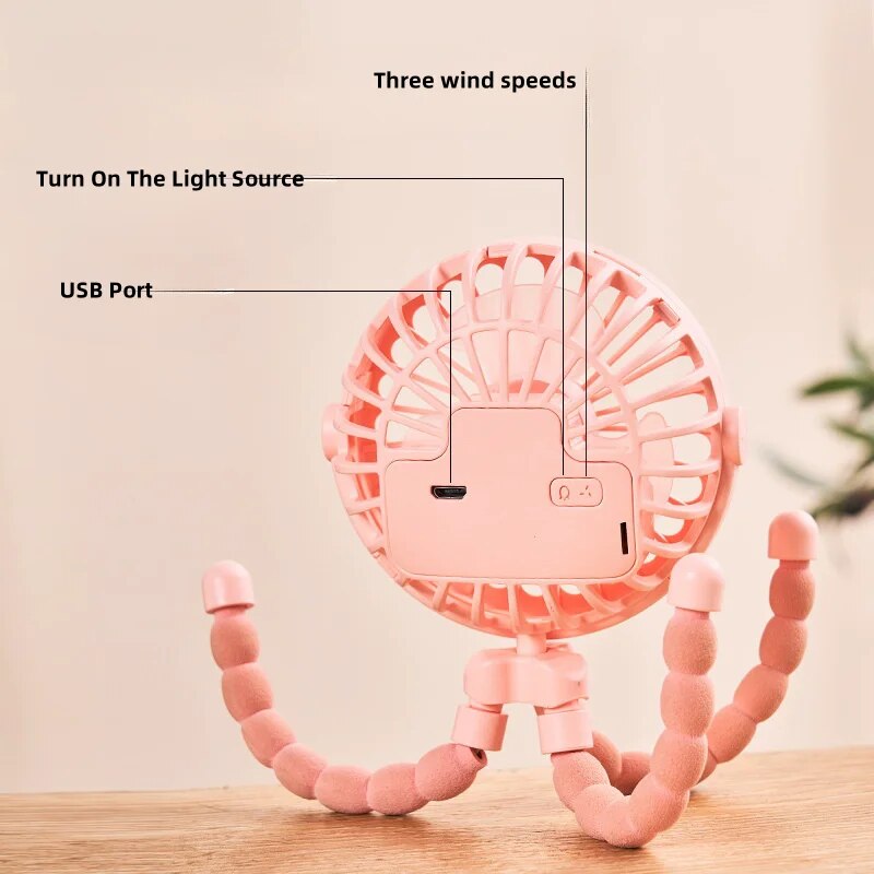 Portable USB Rechargeable Mini Stroller Fan – Multifunctional Octopus Design