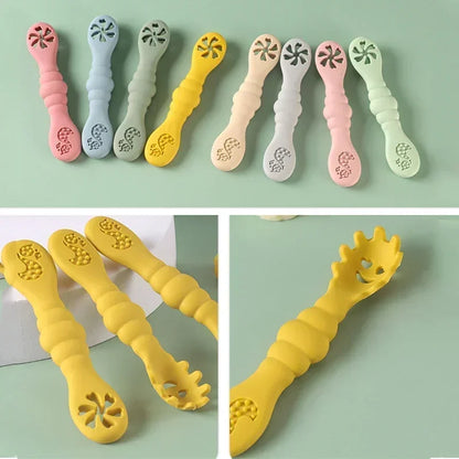 3PCS Baby Silicone Feeding Utensils – Fun & Soft Spoon Fork Set for Toddlers Learning to Eat