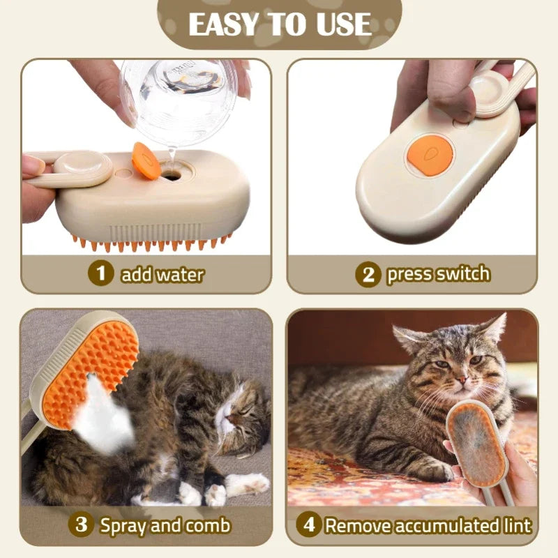 Steam Cat Brush – Foldable 3-in-1 Grooming Tool with Spray, Massage & Hair Removal